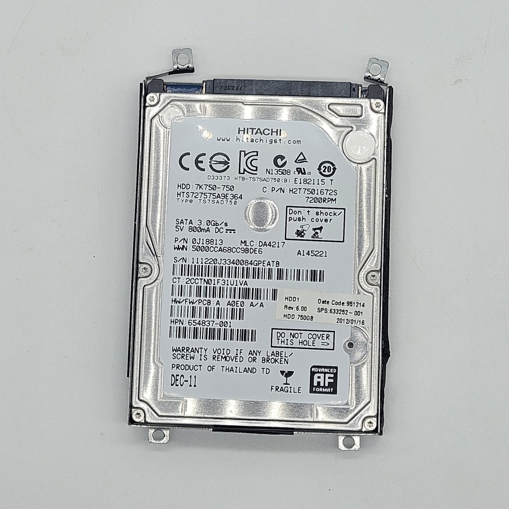 Hitachi 750GB 7200RPM 2.5" Internal SATA Hard Drive HDD HTS727575A9E364 Dec-11
